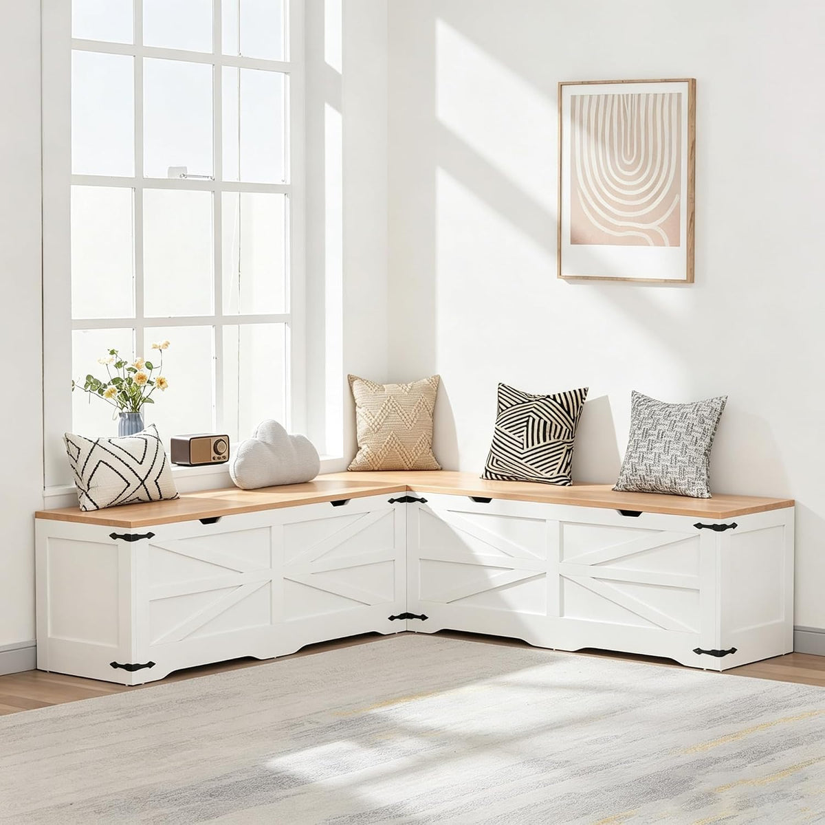 L Shaped Storage Bench, Farmhouse Kitchen Breakfast Nook Bench, Backless Corner Bench with Storage for Dining Room, Cloakroom, Entryway