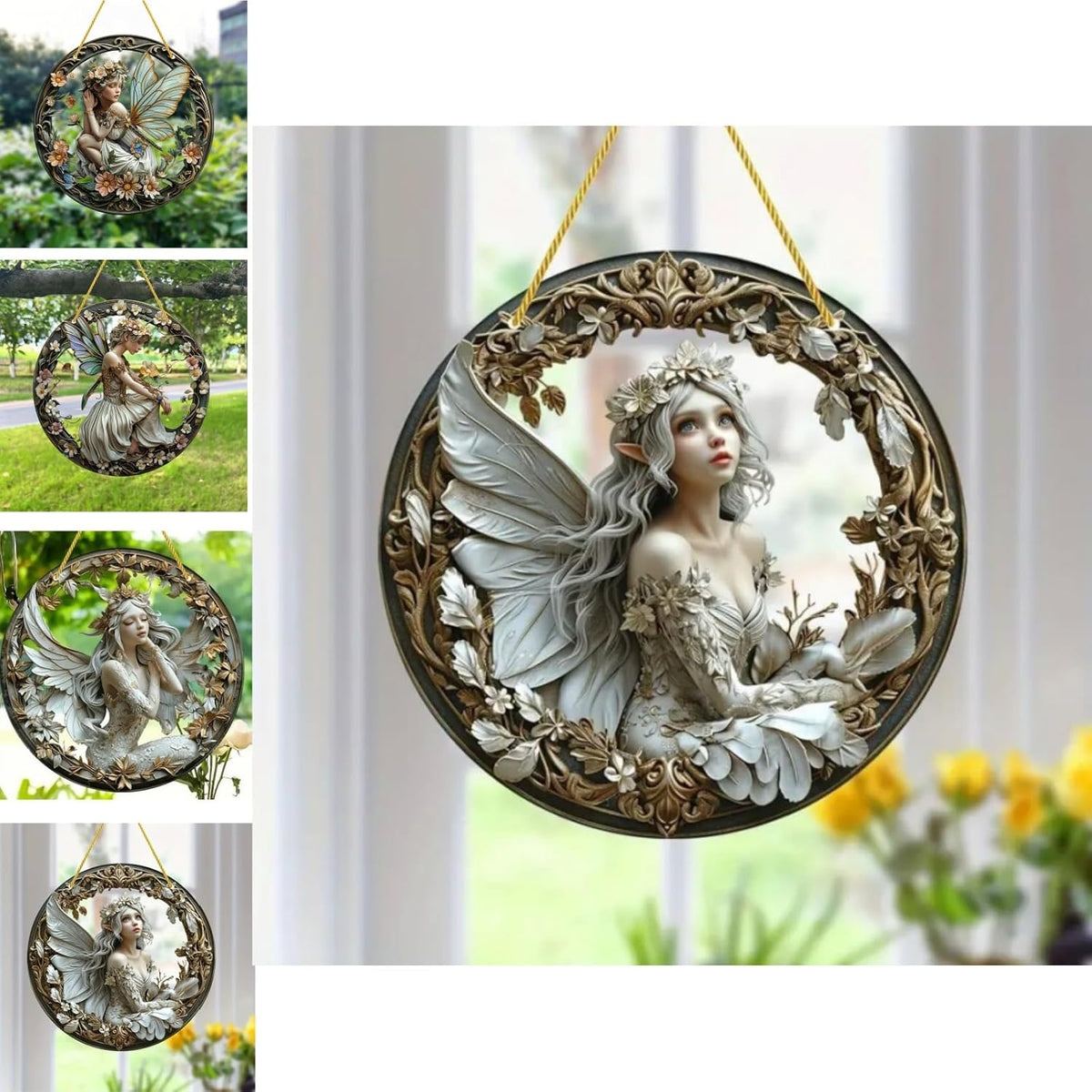 Flower Fairy Garden Decorations Angel Wing Christmas Halloween Deco Statue Art Elf Sculpture Hanging Craft for Outdoor Yard Courtyard Lawn Patio Window Acrylic Ornament Home Gift (D,L: 8*8 IN)