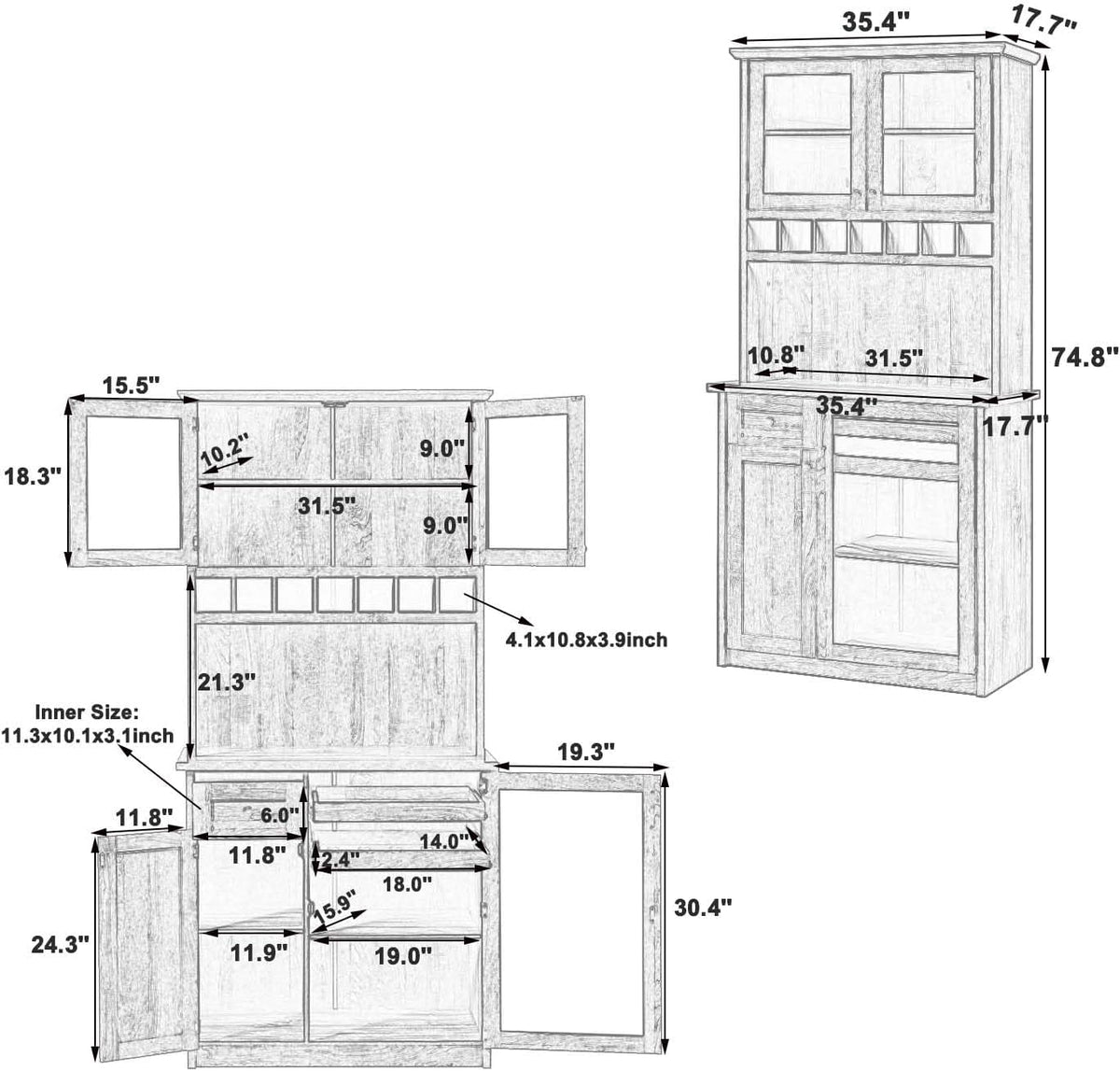 35” Wide Kitchen Hutch with Countertop, Farmhouse Pantry Cabinet with Microwave Shelf | Glass Doors | Wine Rack | Bottle Trays | Drawer, Wooden Structure (White)