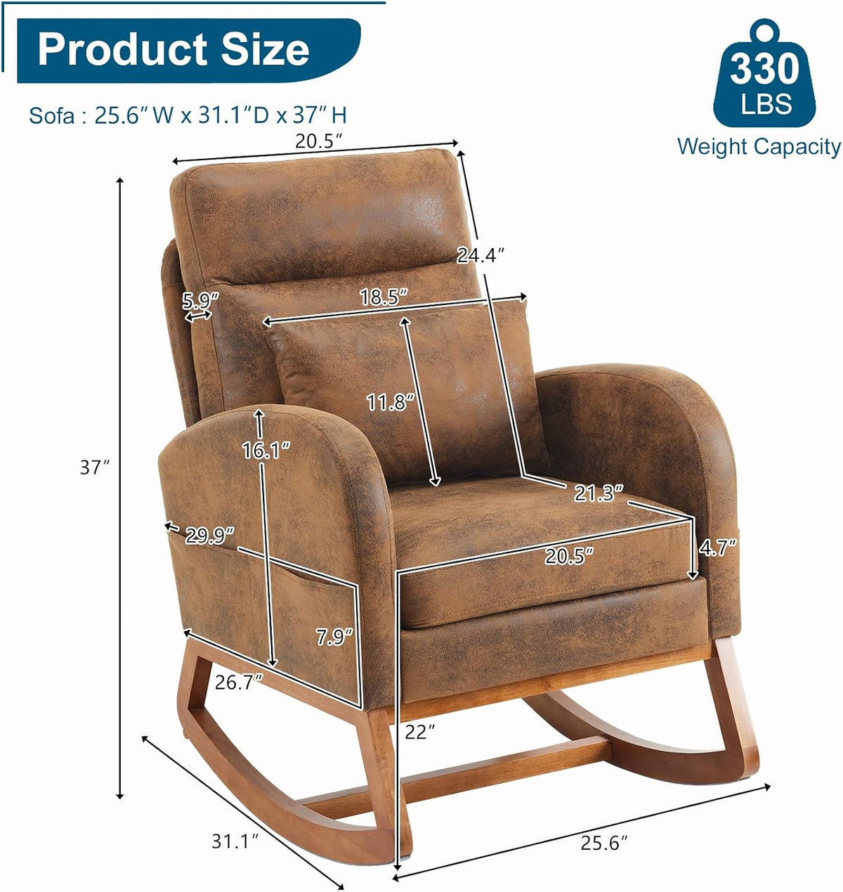 VINGLI Rustic Microfiber Nursing Rocking Chair with Thick Headrest, Upholstered Mid-century Modern Nursery Rocker Glider with Curved Armrest, Sturdy Solid Wood Base for Living Room, Bedroom, Baby Room