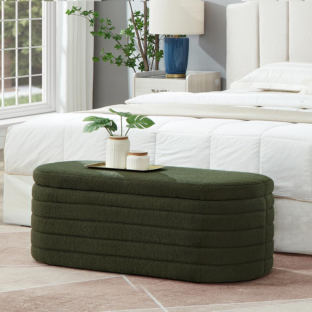 Modern Oval Storage Ottoman Bench, Upholstered Boucle Teddy Fabric End of Bed Bench with Storage, End of Bed Stool with Safety Hinge for Bedroom, Living Room, Entryway, Dark Green