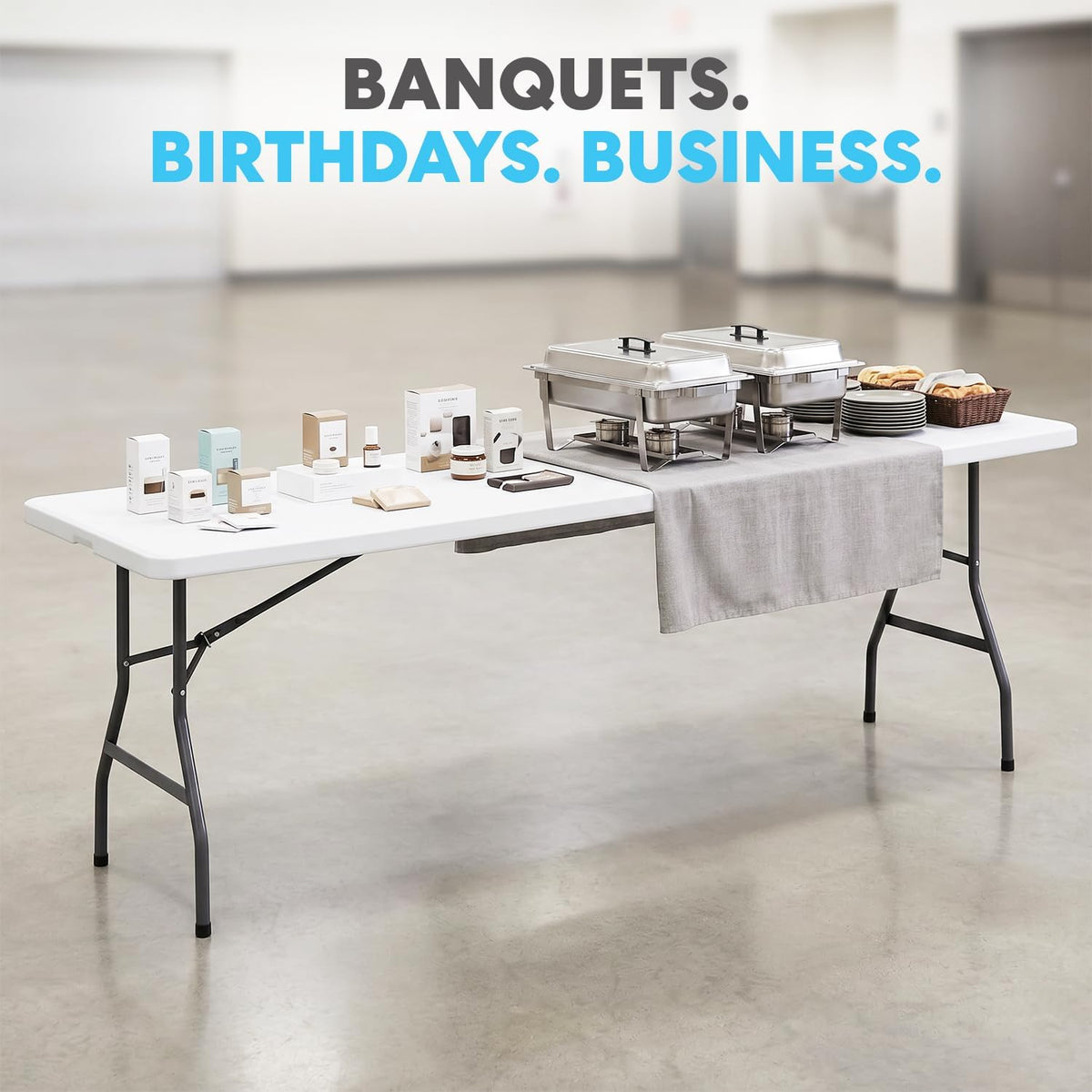 SIMPLI-Magic White Foldable Table (8FT), 2-Pack Indoor/Outdoor Folding Banquet Tables with Carry Handle for Parties, Events, and Catering