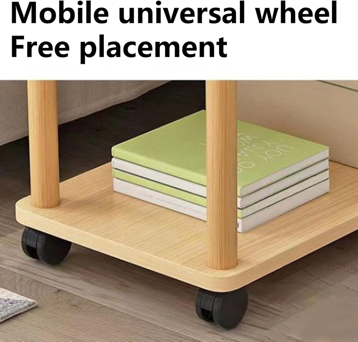 2-Tier End Table with Wheels, Compact MDF Wooden Bedside Nightstand Simple Side Table 150Lbs Narrow End Tables for Small Spaces Bedroom Living Room Entryway Wooden Color