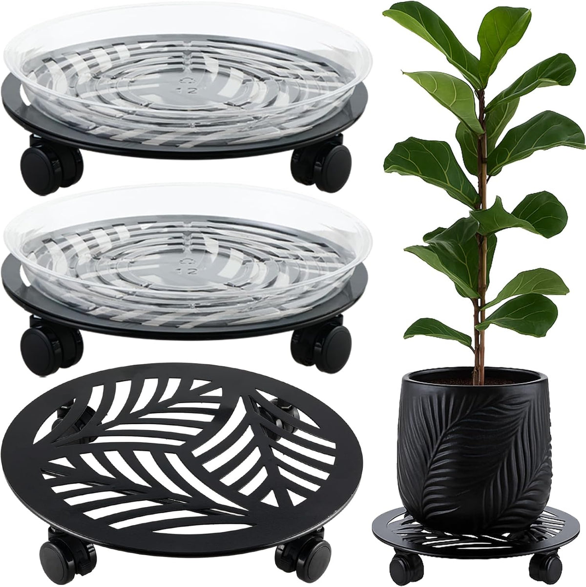 3 Packs 13 inches Large Metal Plant Caddy with PU Wheels Heav-duty Rolling Plant Stands Indoor Outdoor Wheeled Plant Dolly Coasters Flower Pot Mover Rollers Plant Trolley Cart, Plant Saucers Included