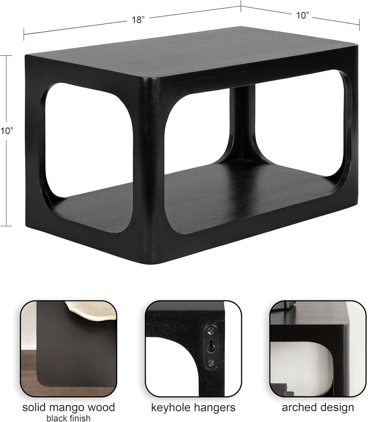 Kate and Laurel Dahl Modern Wood Floating Side Table, 18 x 10 x 10, Black, Contemporary Wooden Floating Nightstand for Use as Living Room End Table or Over-the-Toilet Storage Shelf