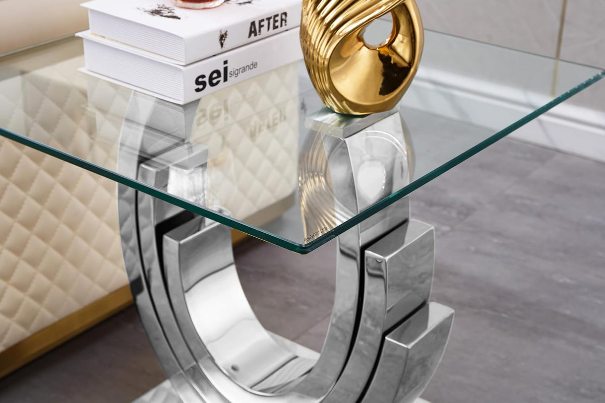 Luxury Glass End Table, 22.8" Sofa Side Table with Silver Ring-Shape Stainless Steel Frame and Clear Glass Top, Cocktail Tea Table, Modern Square End Table for Home Office