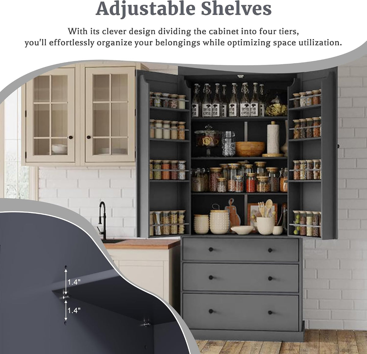 Kitchen Pantry Cabinet with Adjustable Shelves, 77 in | MDF, 4 doors, 8 door shelves, 3 adjustable shelves, slide-out compartments, kitchen pantry, 35 W x 17.7 D x 77 H in