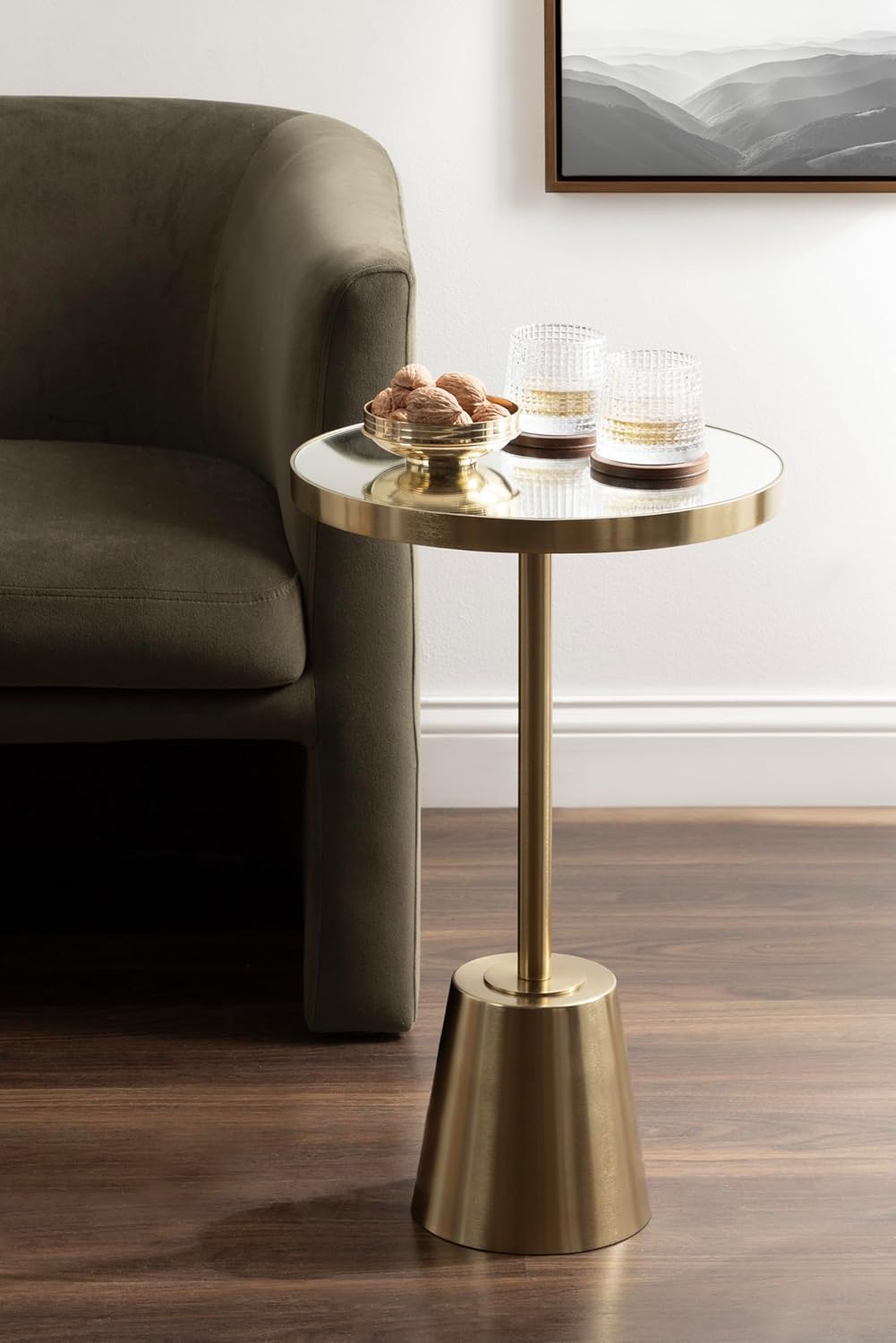 Kate and Laurel Tira Elegant Round Mirrored Side Table, 14 x 14 x 24, Gold, Modern Glam Circle End Table for Use as Bedroom Nightstand or Living Room Plant Stand Table