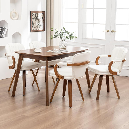 Swivel Dining Chairs Set of 4 Mid Century Modern White Faux Leather Upholstered Kitchen Chairs with Bentwood Frame Armrests Side Chairs,Comfortable Ergonomic Wood Accent Chair No Wheels
