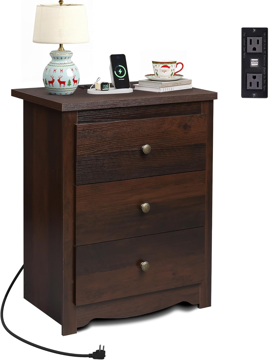 WLIVE Tall Nightstand with Charging Station, Wood Night Stand with 3 Drawers Storage, Bedside Table End Side Tables with 2 USB Ports and Outlets for Bedroom, Closet, Espresso