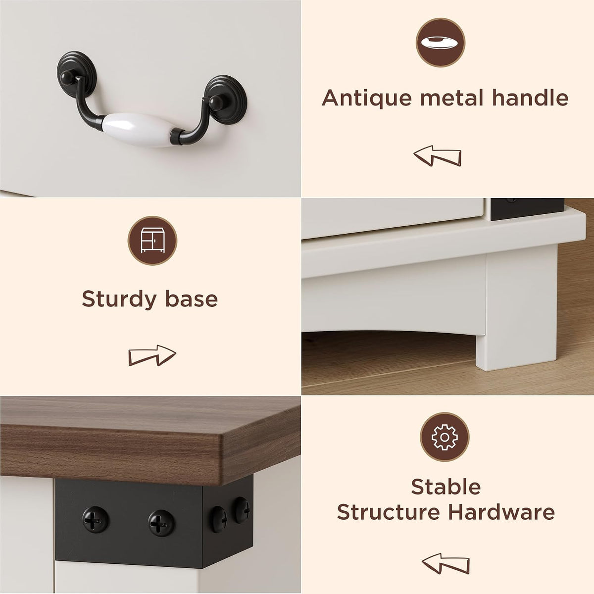 Maupvit Farmhouse Night Stand with Charger Station & Ceramic Handle, Wood Nightstand with 2 Storage Drawers, LED Bedroom Nightstand, Bedside Tables, Antique White