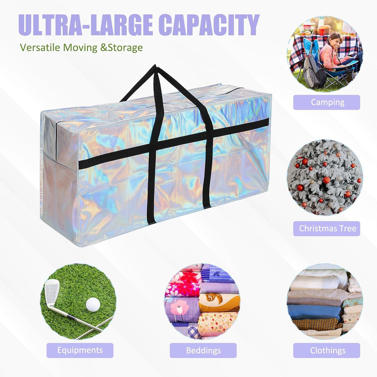 4 Pcs 66 Gallon Large Moving Bags with Zipper and Handles Foldable Storage Duffle Bags Heavy Duty Extra Large Totes for College Dorm Travel Clothes Blankets Bedding Moving (Iridescent)