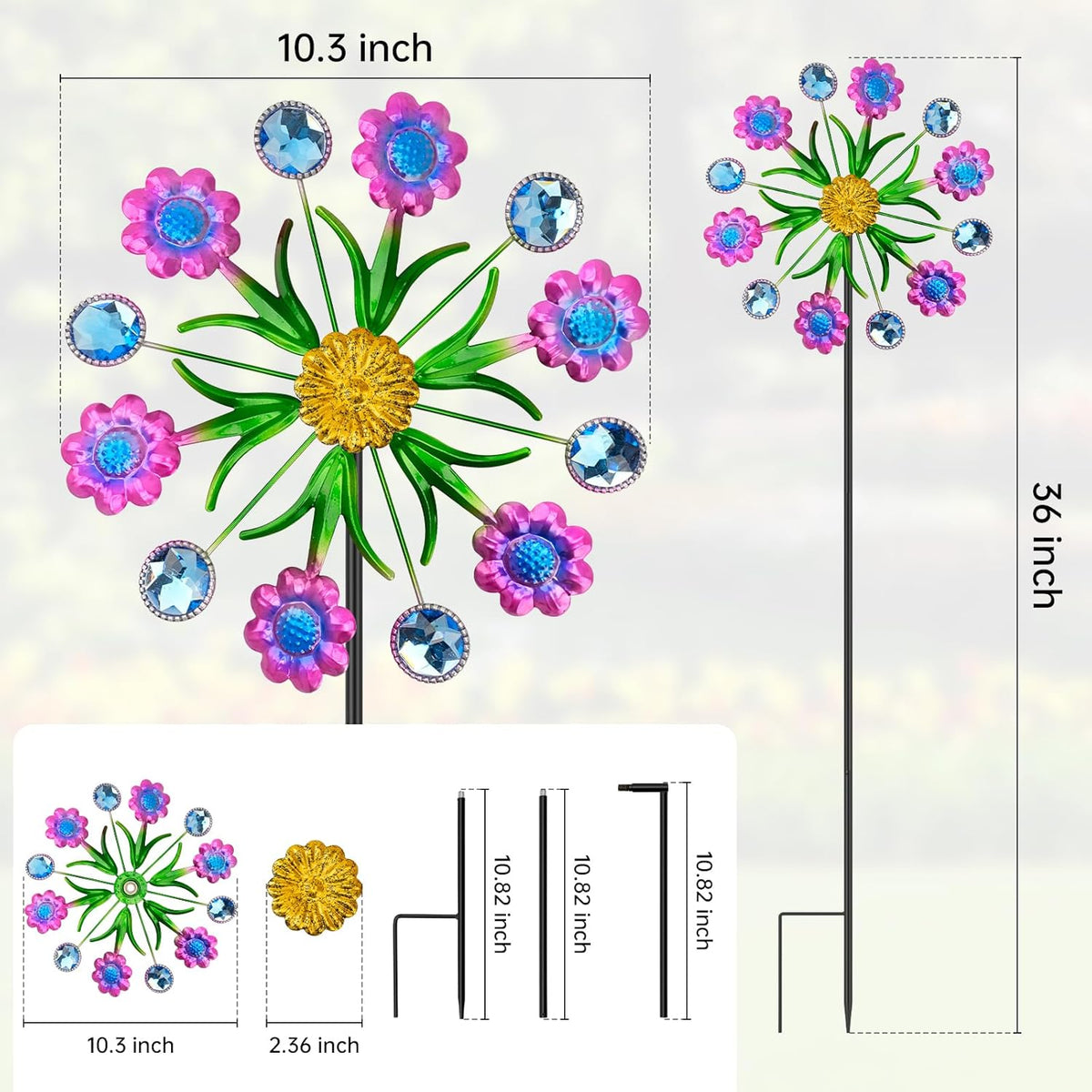 Purple Flowers Outdoor Wind Spinner, 36" Metal Wind Sculpture with Stake, Wind Spinners for Yard and Garden Lawn Patio Decor