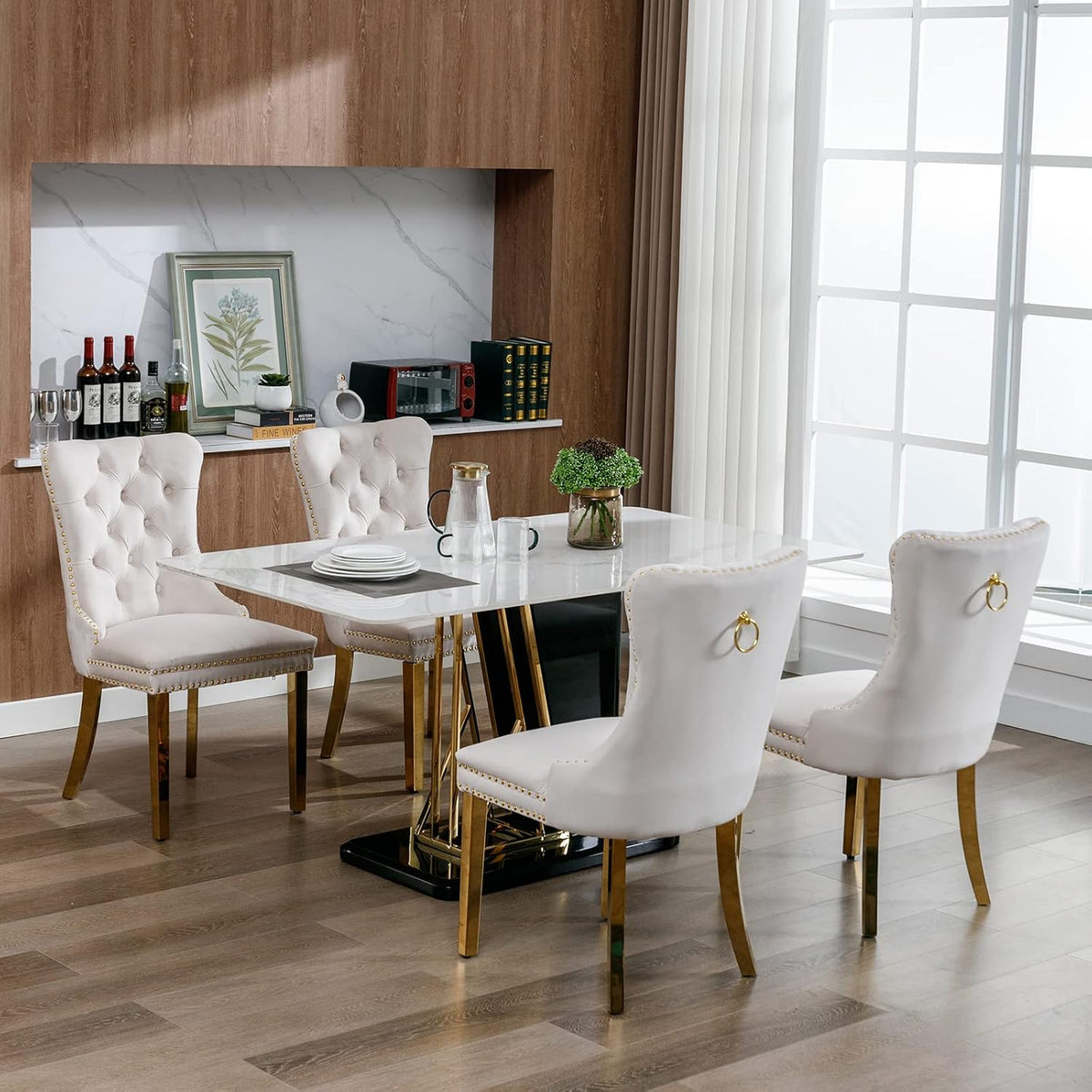 Velvet Dining Chairs Set of 6, Mid Century Tufted Dining Room Chairs with Nailhead Back Ring, Metal Legs, Modern Style for Kitchen, sillas de comedor (Beige, Golden Legs, 6 Pcs)