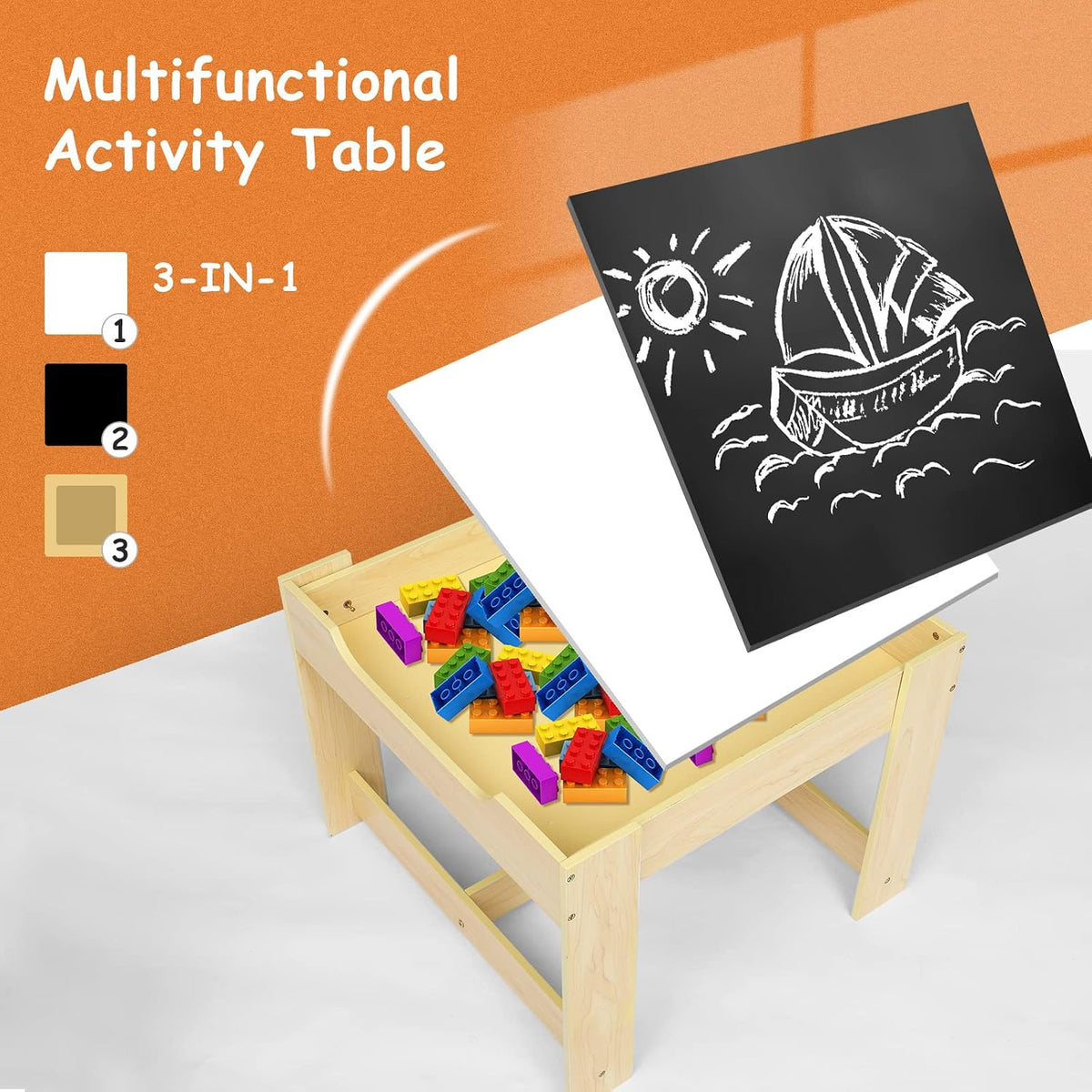 Bonnlo Kids Table and Chair Set with 2 Chairs, 3-in-1 Wooden Table, Reversible Whiteboard and Chalkboard, Hidden Storage, Fabric Chair Storage Bins, Activity Table for Arts, Crafts, Reading (Natural)