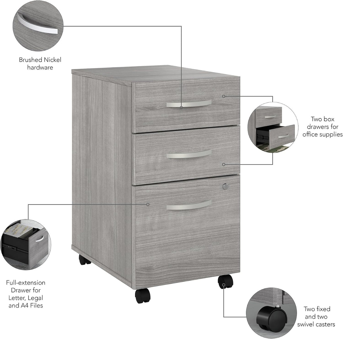 Bush Business Furniture Studio C 3 Drawer Mobile File Cabinet in Platinum Gray | Assembled Office Storage Unit for Home or Commercial Spaces