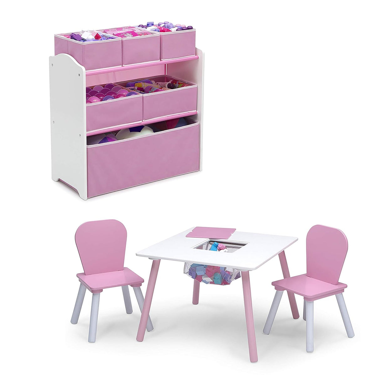 Delta Children 4-Piece Toddler Playroom Set, Pink/White & Canton Toddler Bed, White