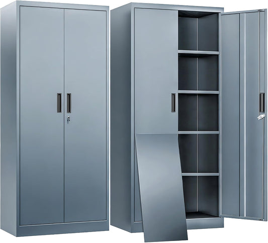 BESFUR Metal Storage Cabinet with 2 Doors and 4 Adjustable Shelves Garage Storage Cabinet with Lock 71" Office Storage Cabinets Locking Cabinets for Garage Office Shop Home (Gray)