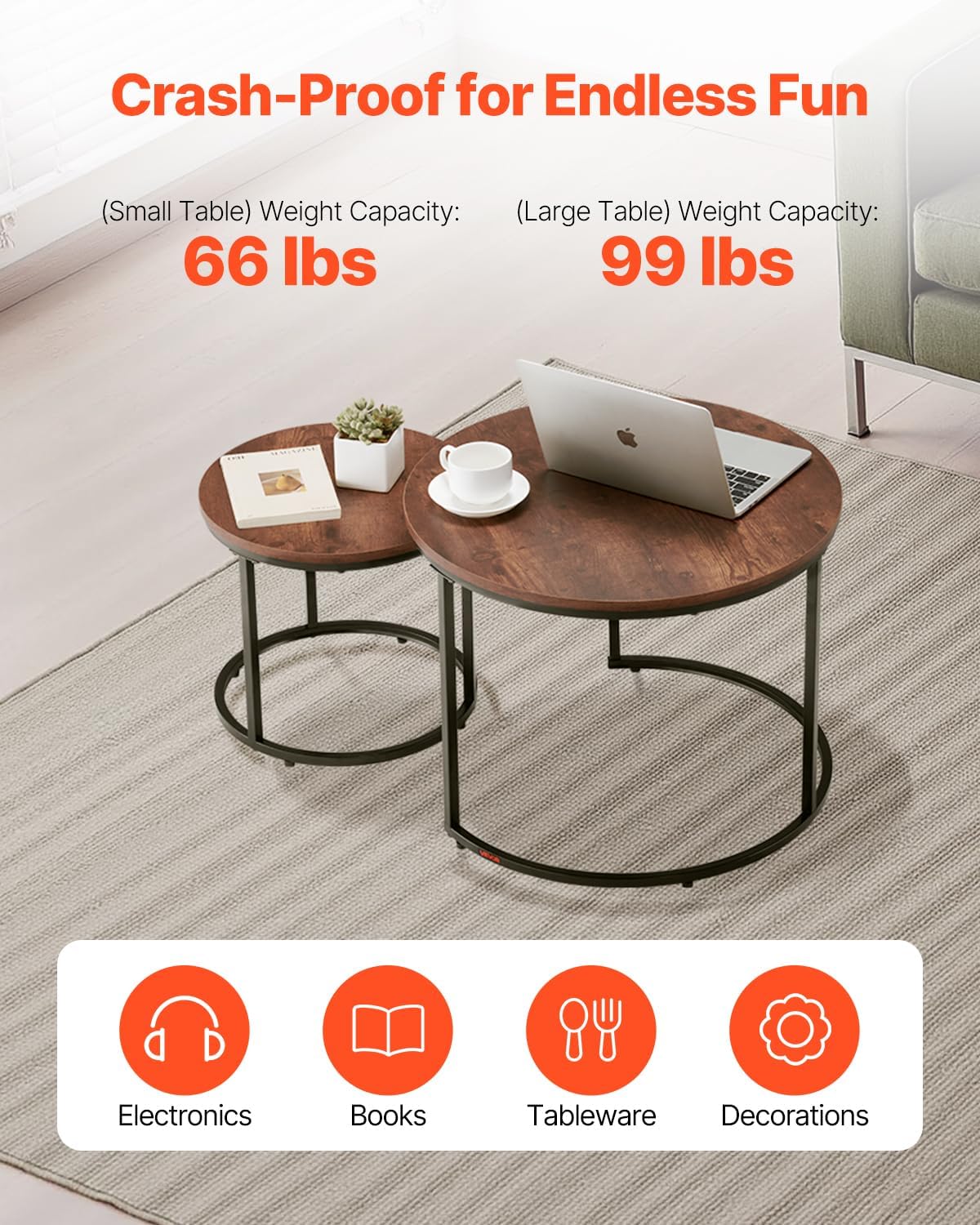 VEVOR Nesting Tables, Coffee Table Set of 2, 23.6 inch Round Coffee Table, Small Coffee Tables Night Stand with Metal Frame, for Living Room, Bedroom, Office (Brown & Black)