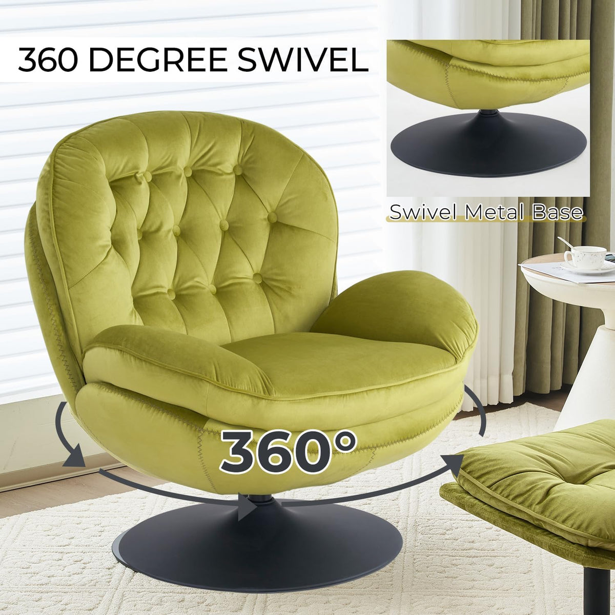 Velvet Swivel Accent Chair with Ottoman Set,Modern Tufted Armchair with Footrest for Living room,Reading TV Chair for adult,Comfy Chaise Lounge Chairs with 360 Degree Swiveling for bedroom,Olive Green