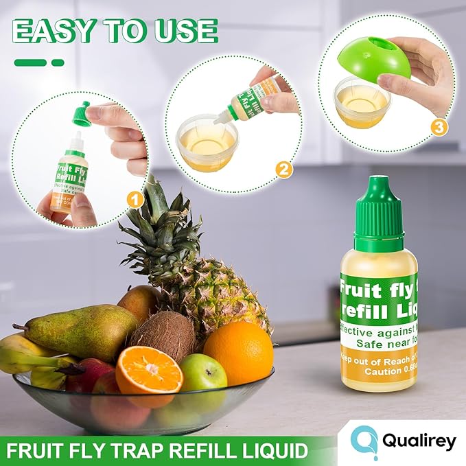 Qualirey 12 Pack Fruit Fly Trap Refill Liquid, 0.68oz Per Bottle Liquid Fruit Fly Traps for Indoors, Non Toxic Bait Safe Near Pets, Food and Kids, Lure Refill for Home Kitchen