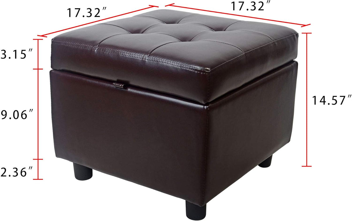 H&B Luxuries Tufted Leather Square Flip Top Storage Ottoman Cube Foot Rest (Brown with Storage)