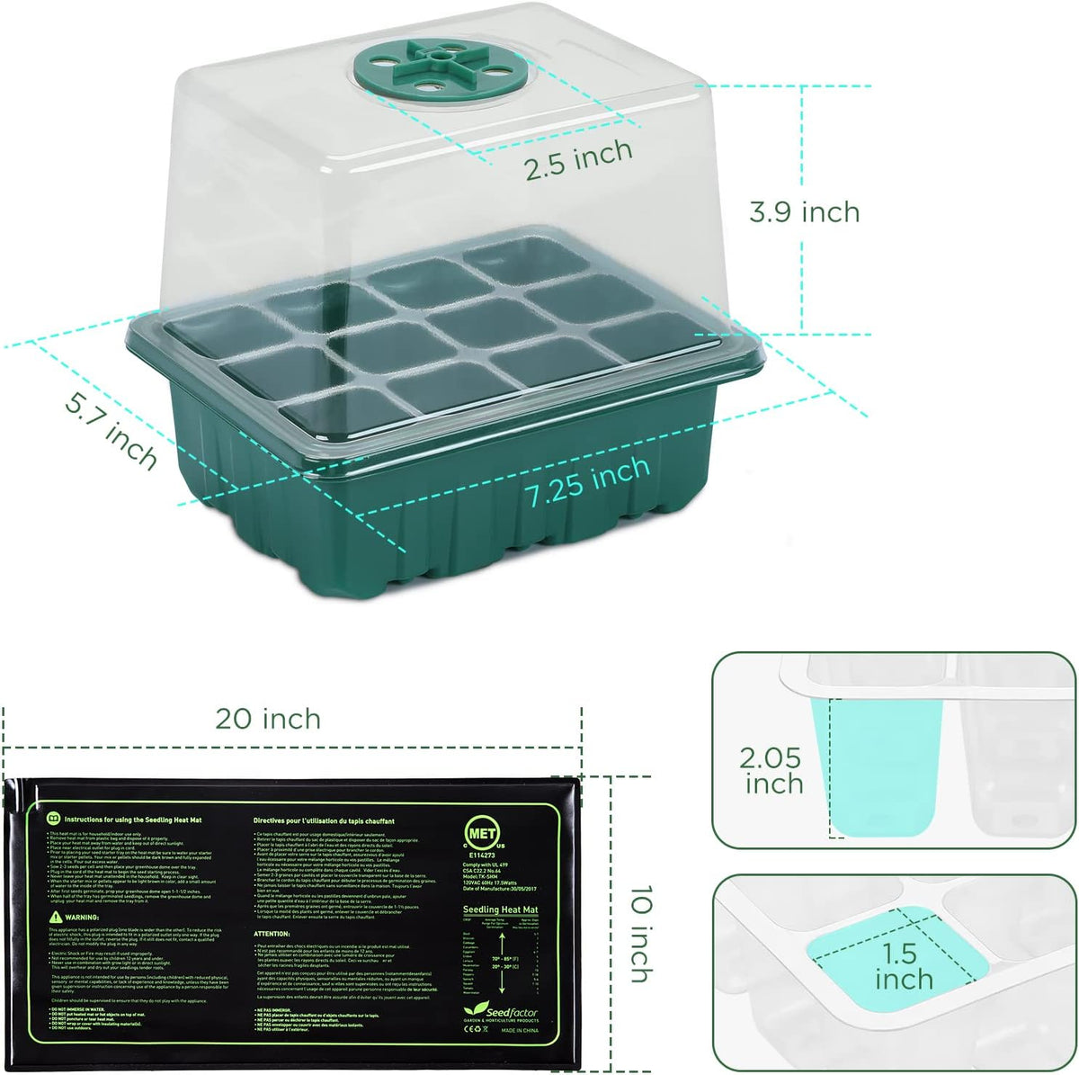 Seedfactor 7-Pack Seed Starter Tray with Heat Mat (12 Cells per Tray), Plant Germination Trays with Adjustable Humidity Dome Seed Trays Seedling Starter with Base Trays for Germination