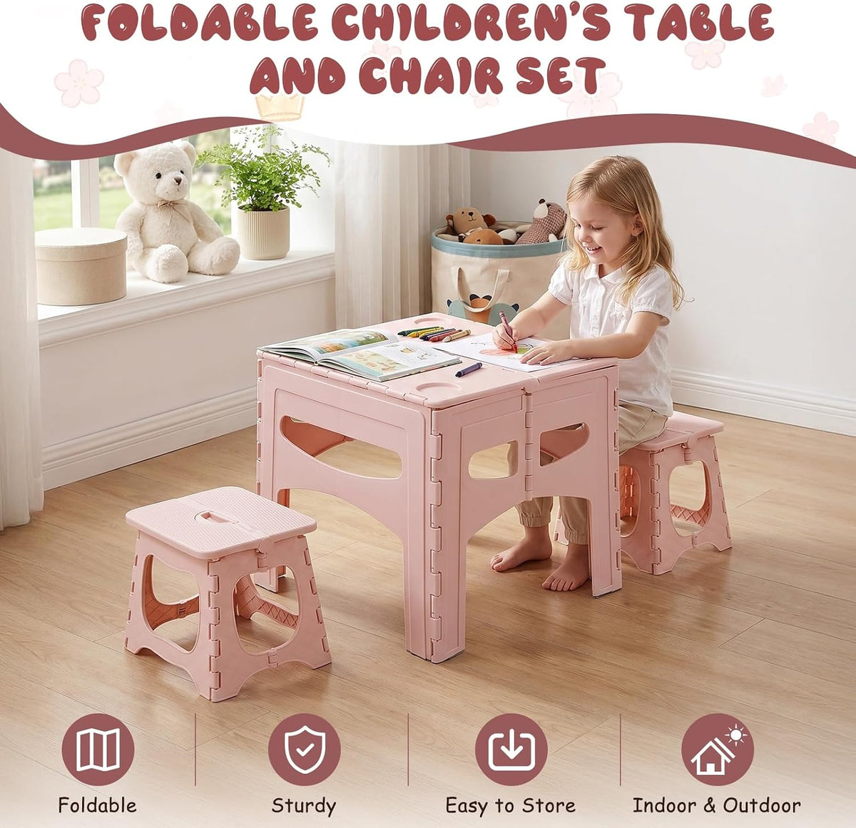 Toddler Table and Chair Set, Kids Foldable Furniture for Playroom, Portable Picnic Dining Station, Homeschool Learning Center, Lightweight Camping Gear, Preschool Study Desk [Object Object]