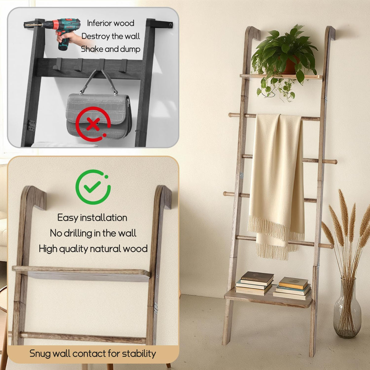 Wooden Ladder with Shelf for Room Decor, 6-Tier Decor Ladder with Non-Slip Mat & Hooks, Farmhouse Style Leaning Wall Display Holder