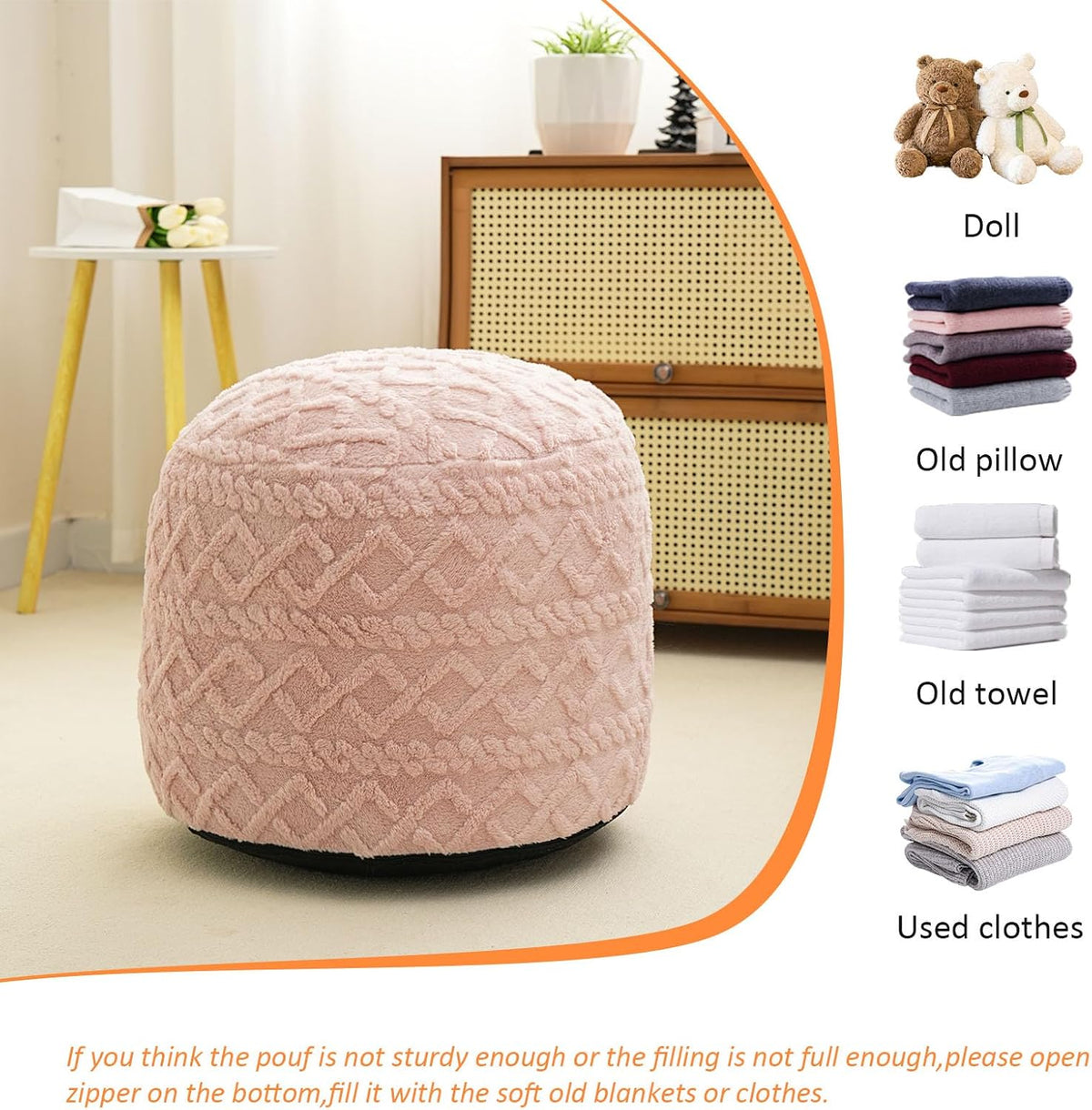 Round Stuffed Pouf Ottoman, Corduroy Poufs with Foam Chunk Filling, Furry and Fluffy Pouf Foot Stool Storage Pink 26"