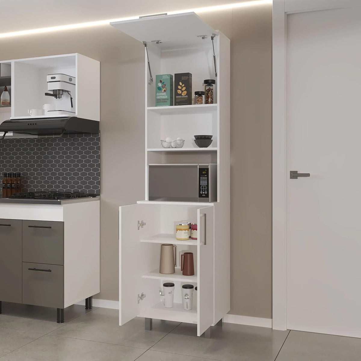 White Kitchen Pantry with 2 Pneumatic Door and Open Storage
