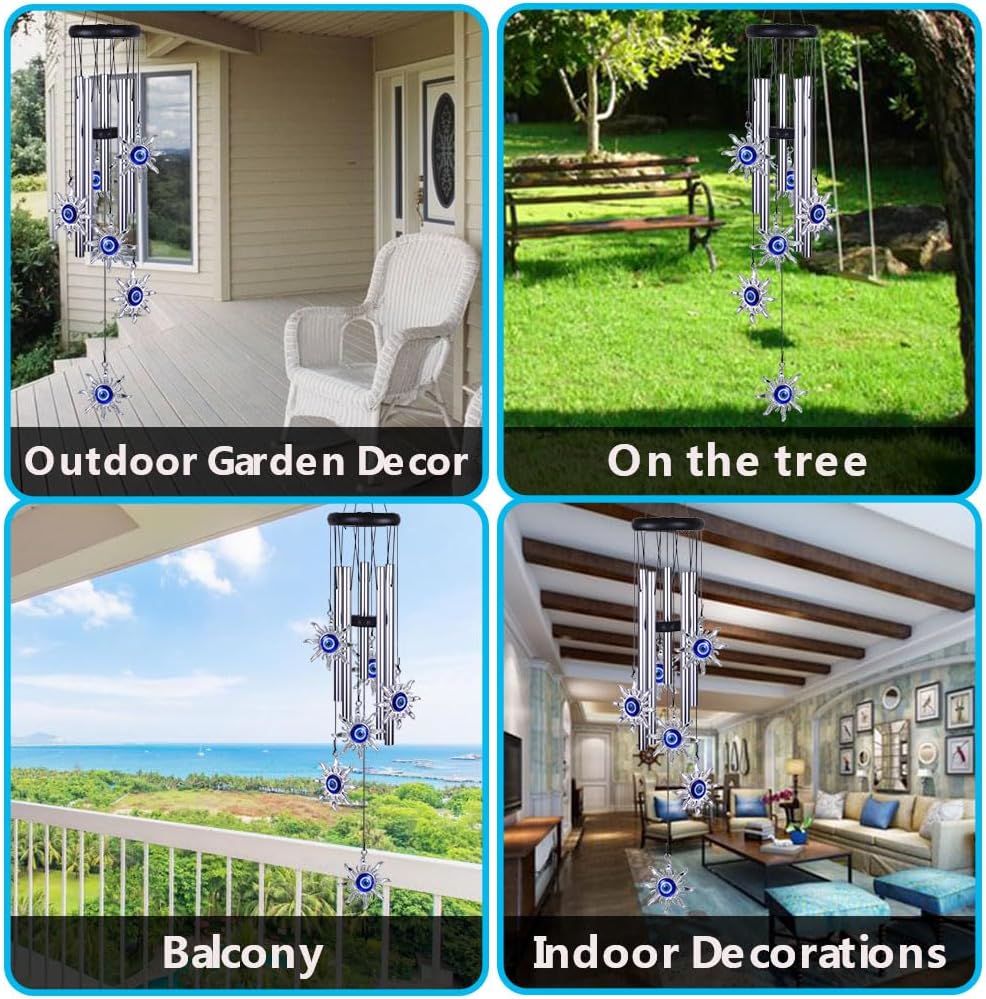 Blue Evil Eye Sun Wind Chimes Outdoor Decor, Mobile Sun Evil Eye Windcatcher, Evil Eye Sun Wind Bells, Sun Blue Evil Eye Amulet Wind Chimes for Home, Gift for Mom, Balcony, Patio, Garden Decoration