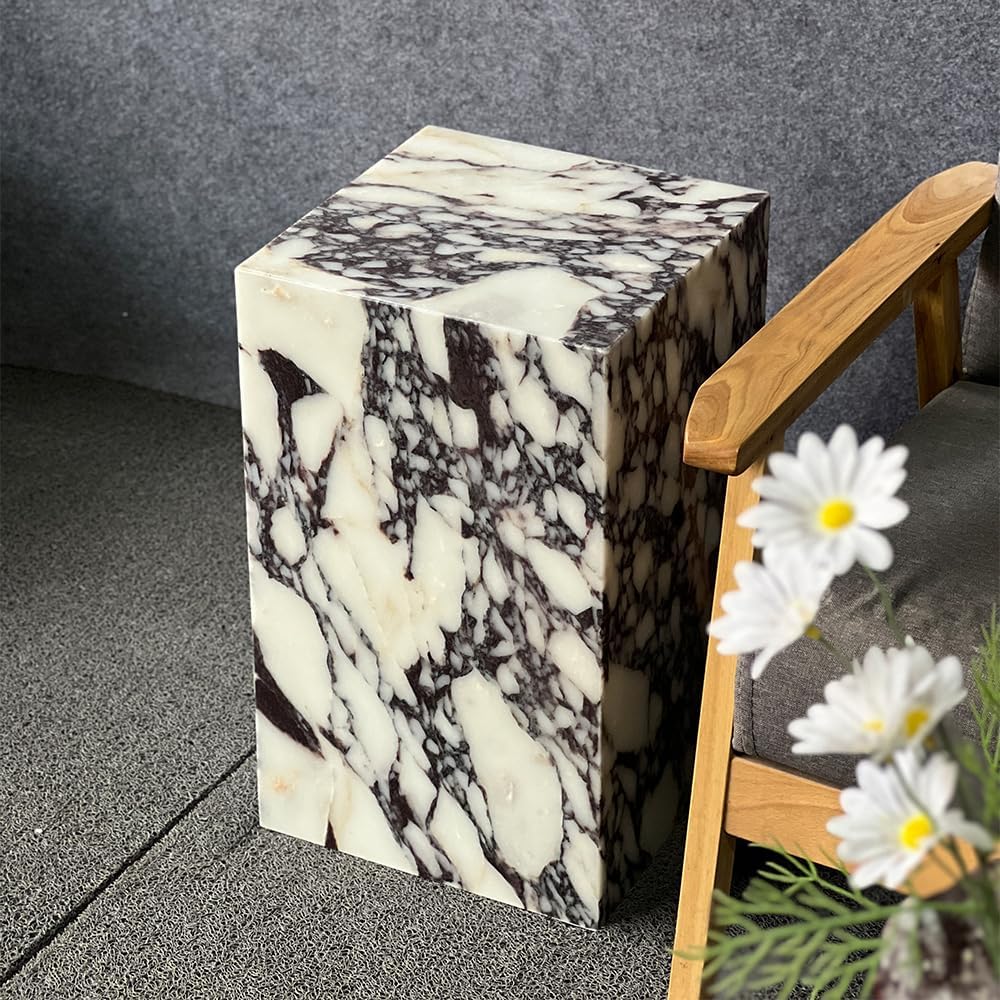 Luxury Marble Side Table,Square End Table for Modern Sofa and Bed, Living Room, Sofa, Bedroom（Calacatta Viola）