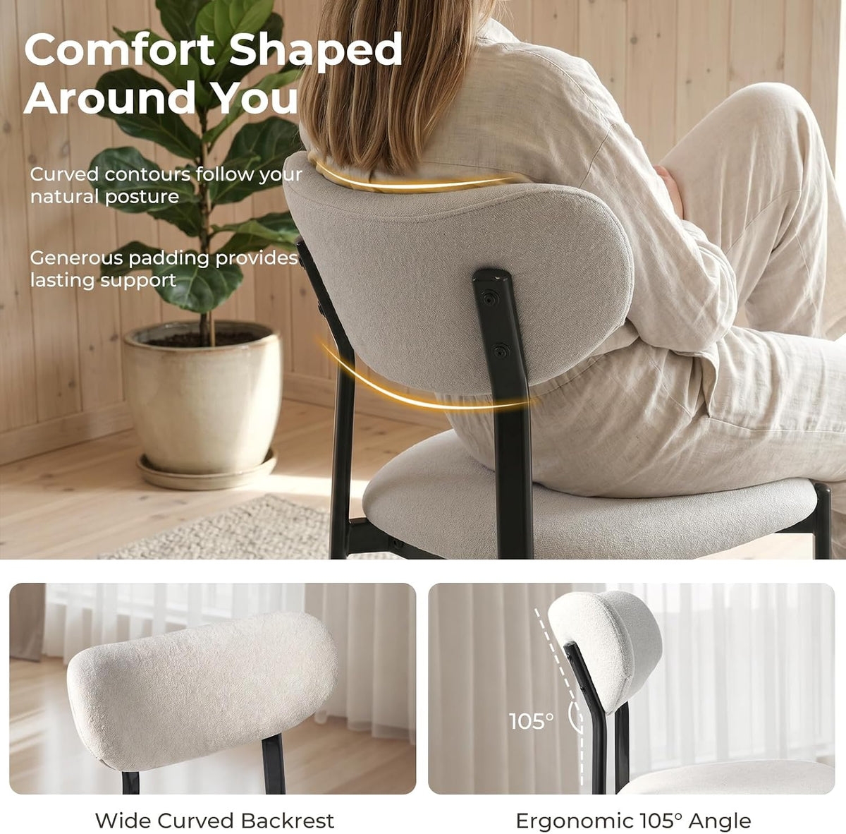 Dining Chairs, Modern Upholstered Fabric Kitchen Chairs | Textured Fabric, Curved Back, Upholstered Seat, Metal Frame, Dining Room, Kitchen, Breakfast Nook, Restaurant, White