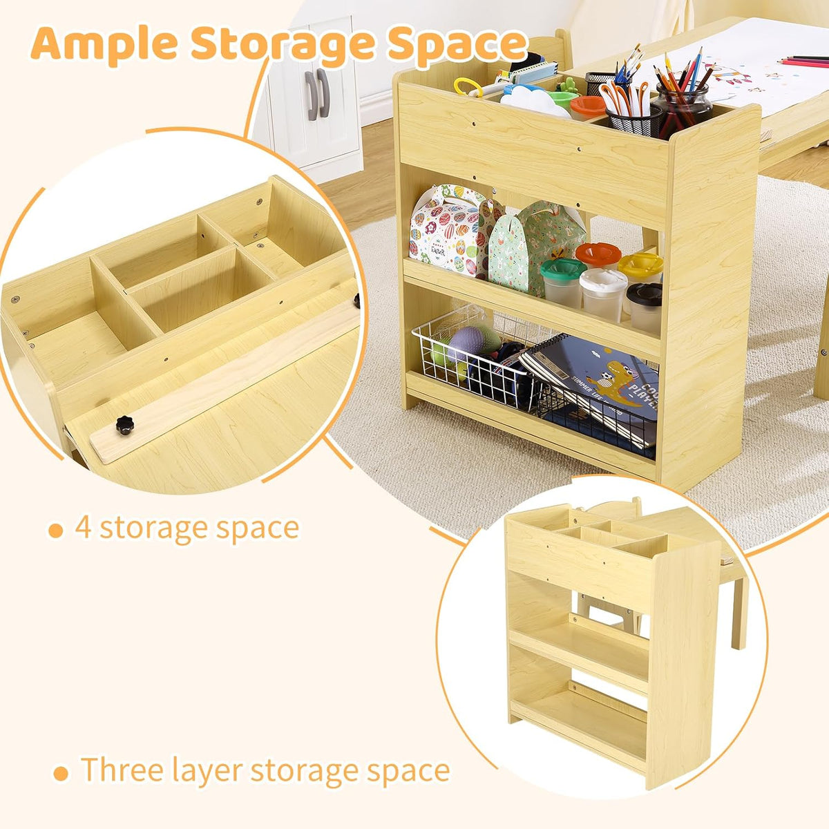 PlayfulPals Kids Art Table with 2 Chairs Set, Toddler Craft Desk with Storage Shelves, Drawing Table with Paper Roller Yellow