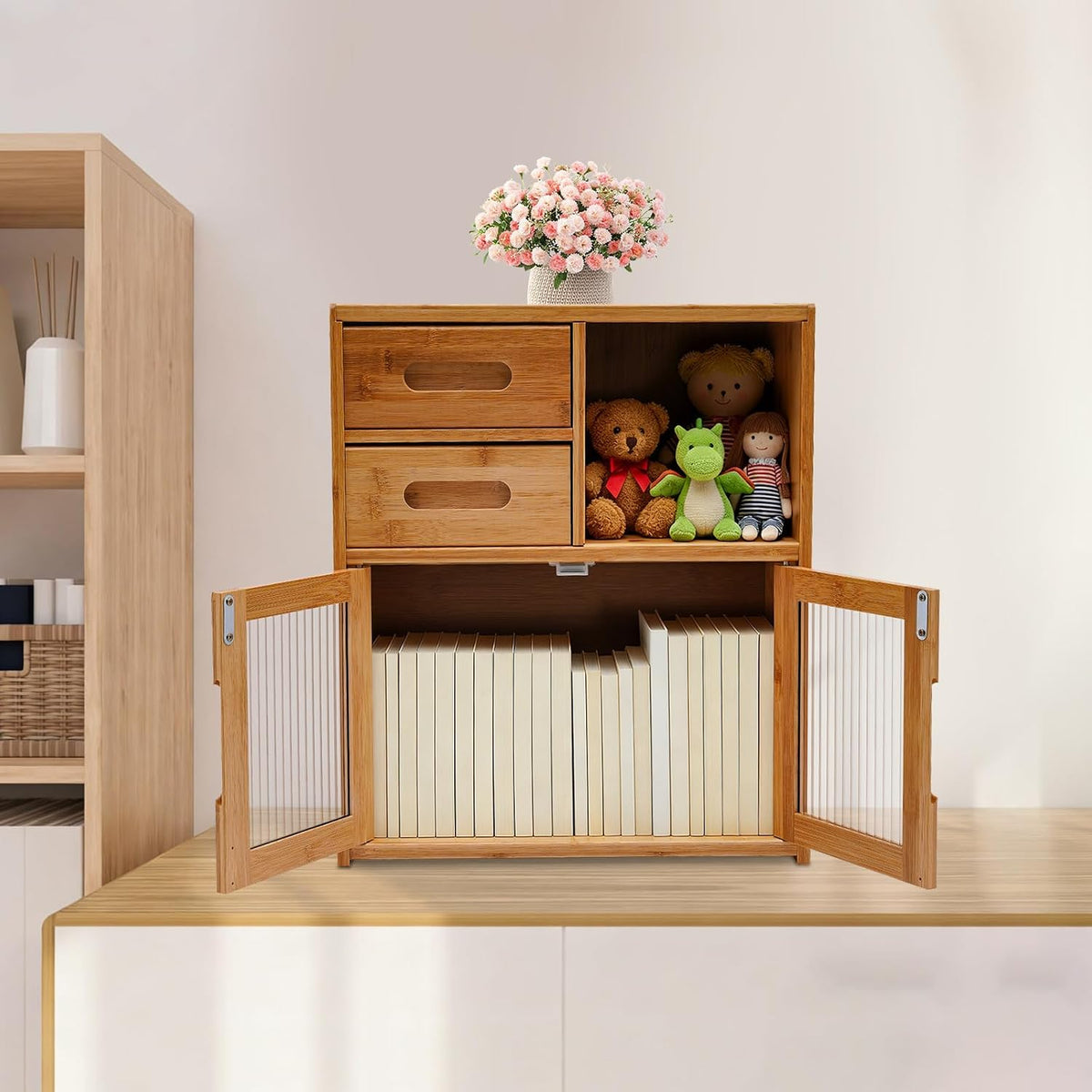 Countertop Bamboo Kitchen Pantry, 16.5*9*18.9in, Freestanding Sideboard with 2 Drawers and Clear Doors, Large Capacity Storage Cabinet for Home Kitchen Dining Living Room, Natural Wood Color