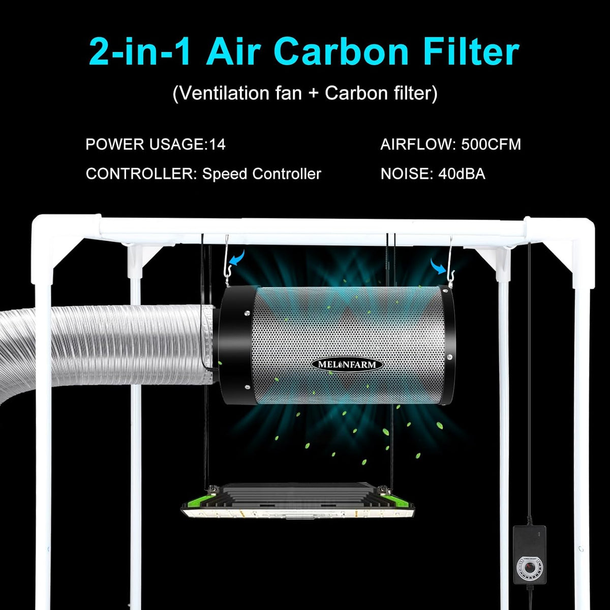 MELONFARM Air Filtration Kit 6", Built-in 14cm Fan Low Nois Carbon Filter with 12-Speed Controller, 8' Ducting, Cooling & Ventilation System for Grow Tents, Indoor Gardening, Hydroponics 6“x13.4