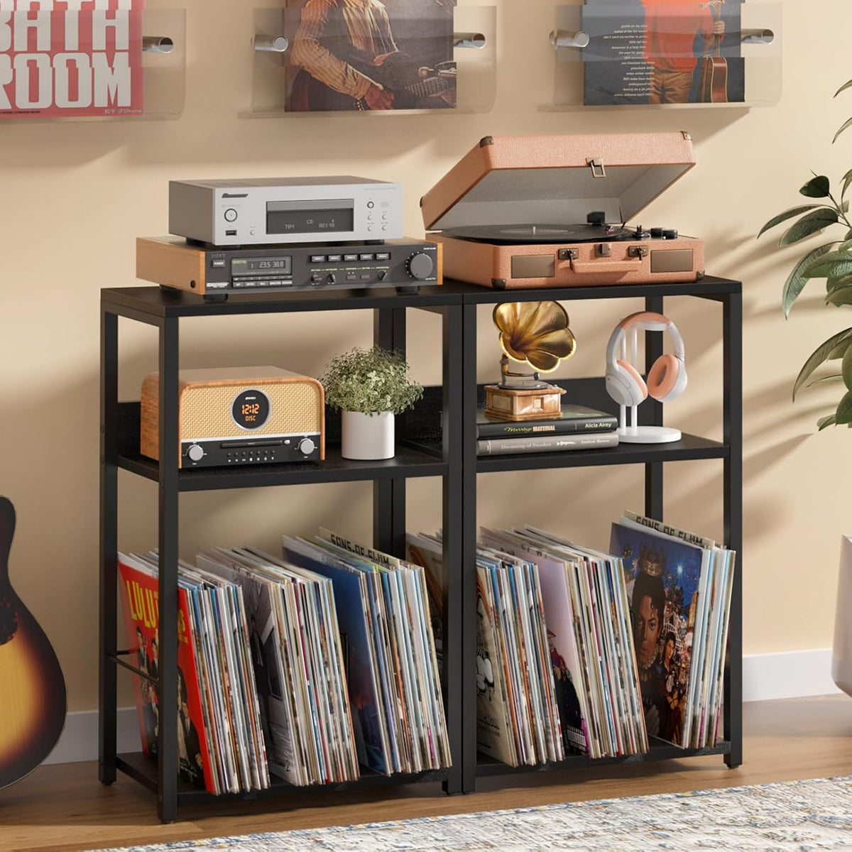 LELELINKY Record Player Stand Set of 2, 3-Tier End Side Table with Vinyl Record Storage, Vinyl Record Holder Up to 120 Albums, Turntable Stand with Vinyls Storage for Music Living Room