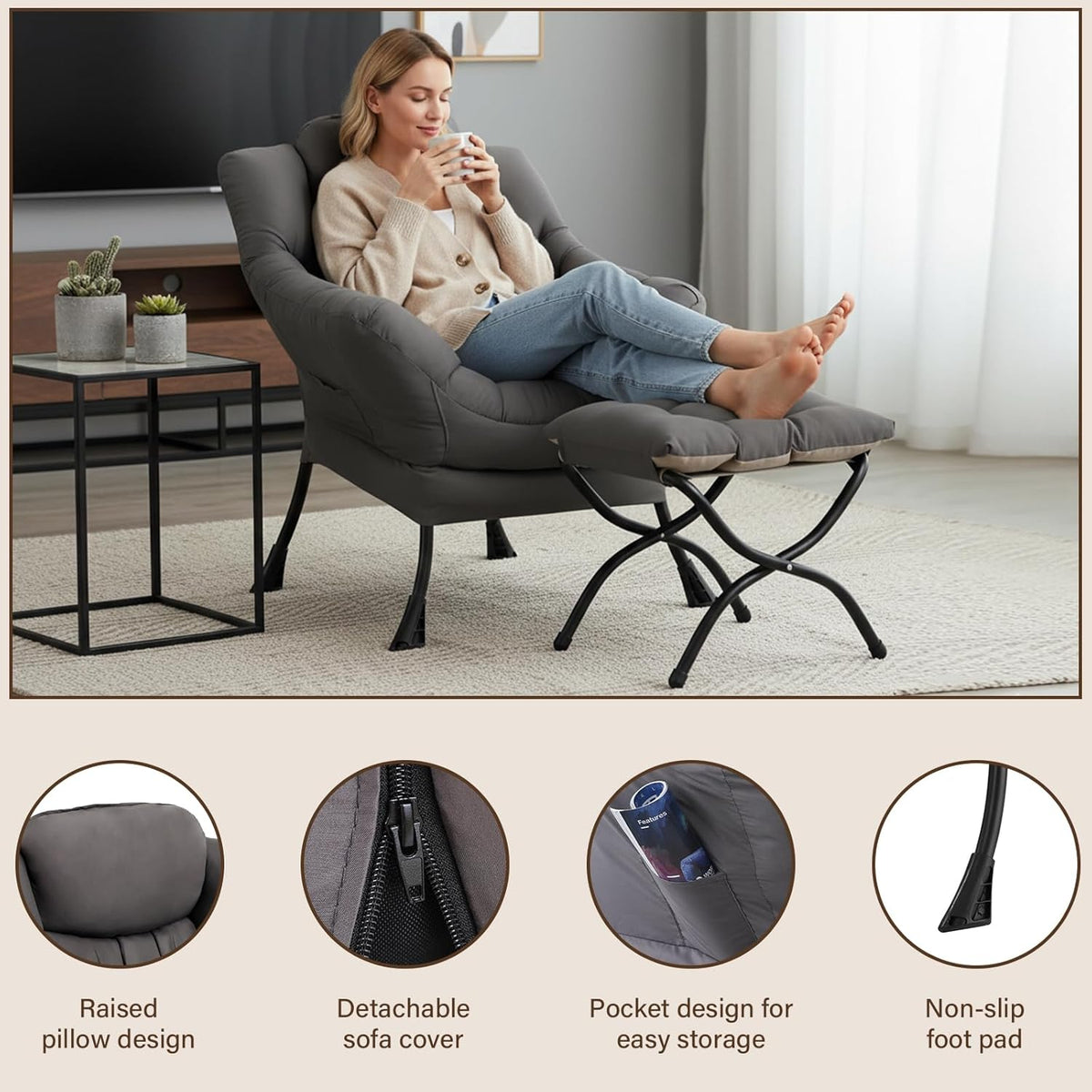 Welnow Lazy Chair with Ottoman, Modern Accent Chair with Armrests and a Side Pocket, Leisure Sofa Armchair, Reading Armchair with Footrest for Small Space, Dark Grey