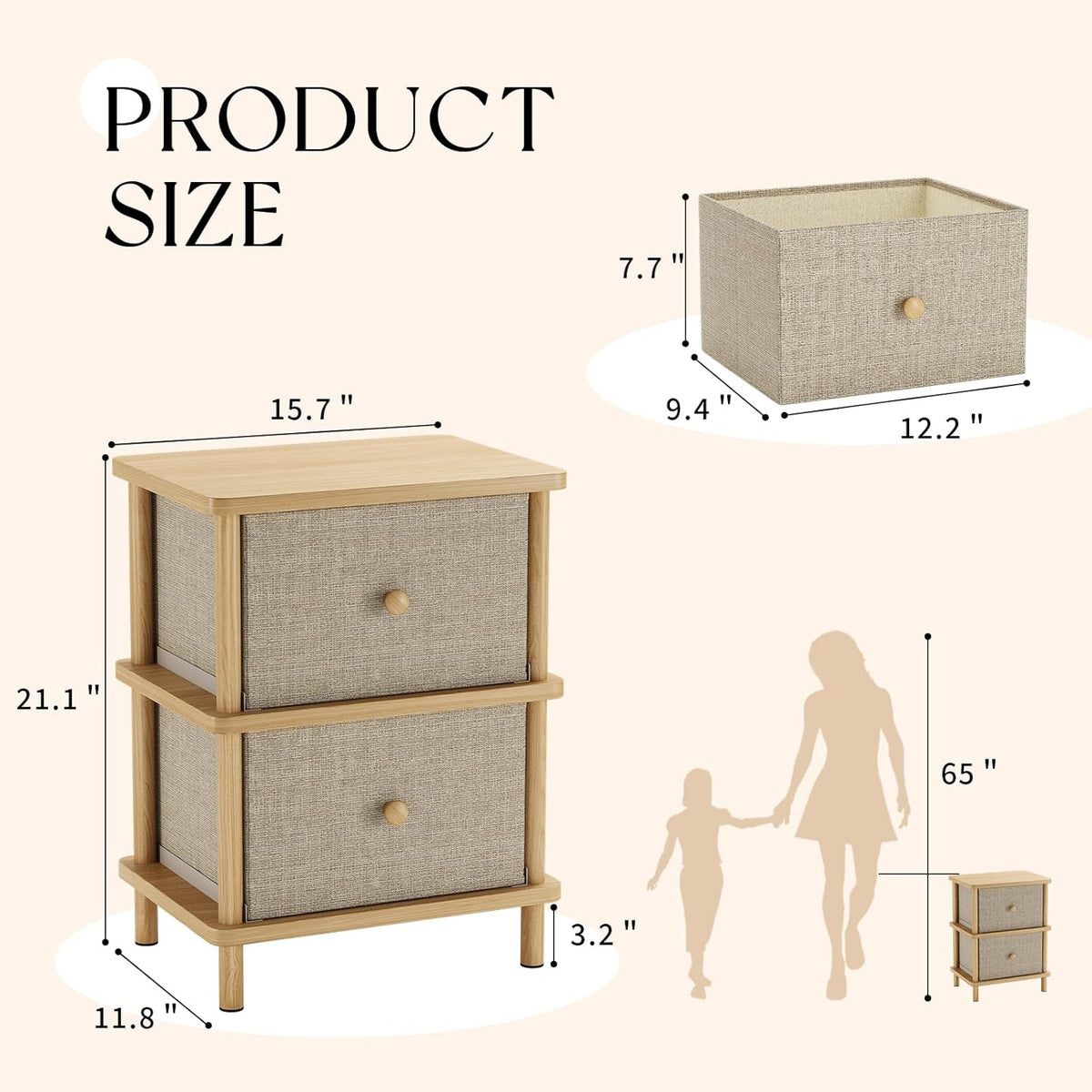 Apicizon Nightstand with 2 Storage Drawers, Boho Side Table with Solid Wood Legs, End Table for Small Spaces, Bedroom, Living Room, Entryway, Natural