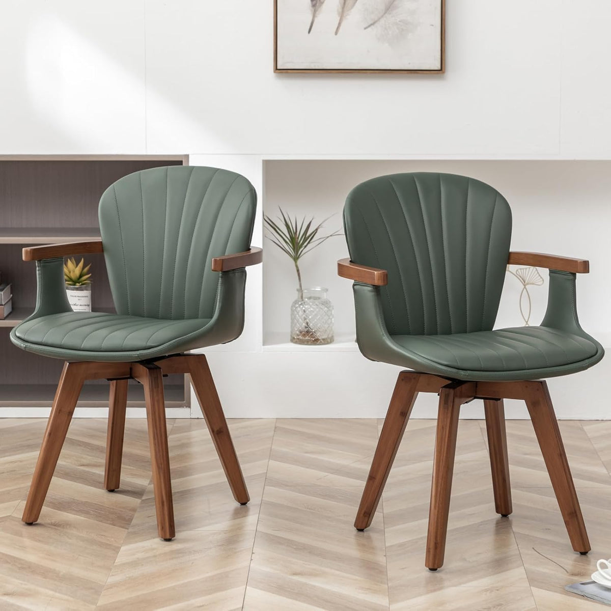 LUNLING Swivel Dining Chairs, Mid Century Modern Green Faux Leather Kitchen Chairs with Arms,Bamboo Legs Side Chairs No Wheels,Accent Chair for Dining Rooms and Offices,1PCS