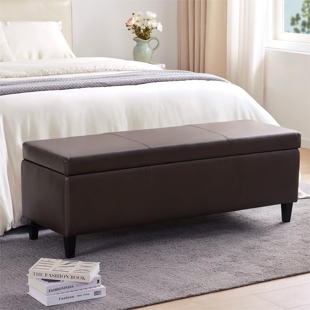HUIMO Faux Leather Storage Ottoman Bench 50.3 Inch Extra Long PU Upholstered Bedroom Bench with Large Storage Space for The Living Room, Entryway, Bedroom Hold Up to 300lbs (Brown)