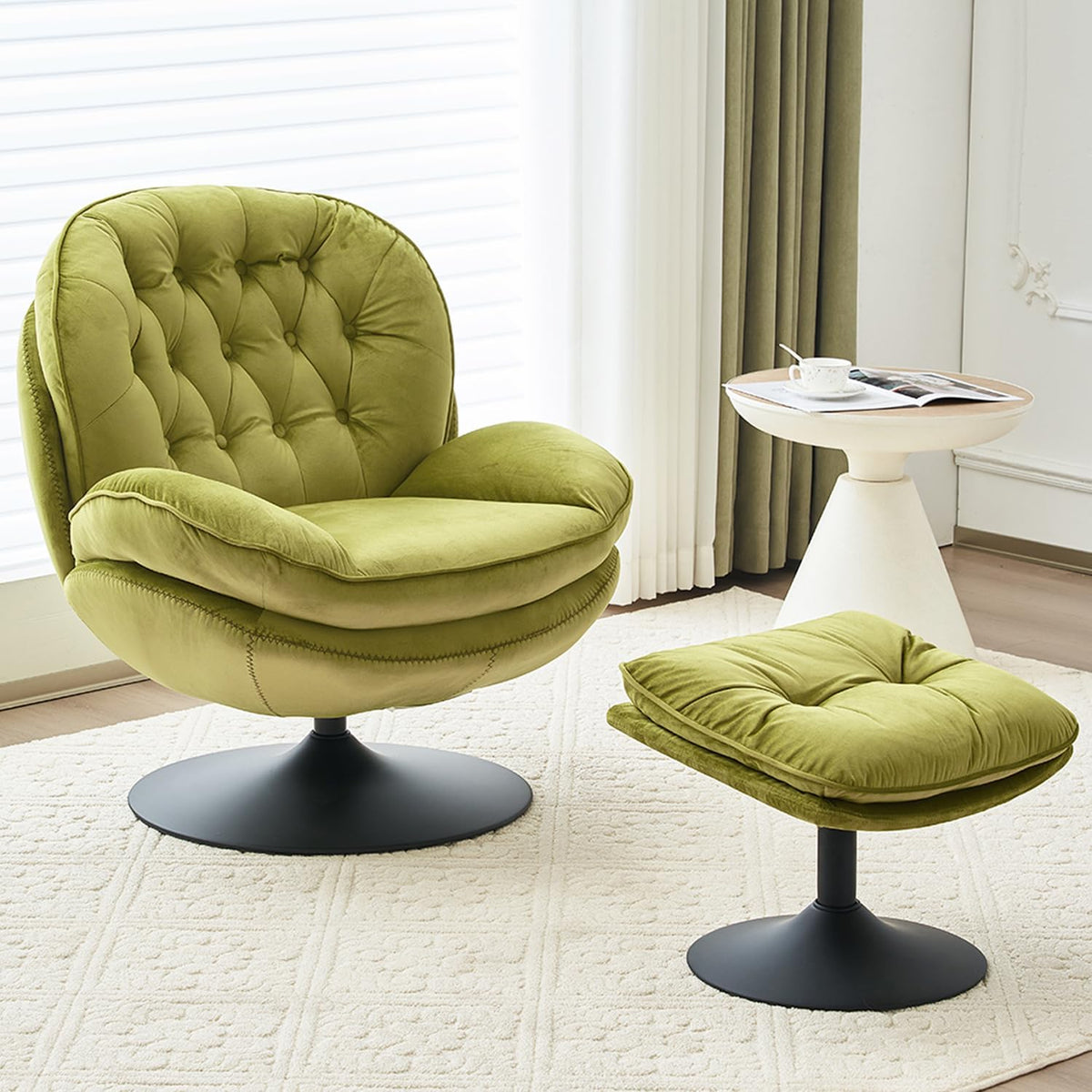 Velvet Swivel Accent Chair with Ottoman Set,Modern Tufted Armchair with Footrest for Living room,Reading TV Chair for adult,Comfy Chaise Lounge Chairs with 360 Degree Swiveling for bedroom,Olive Green