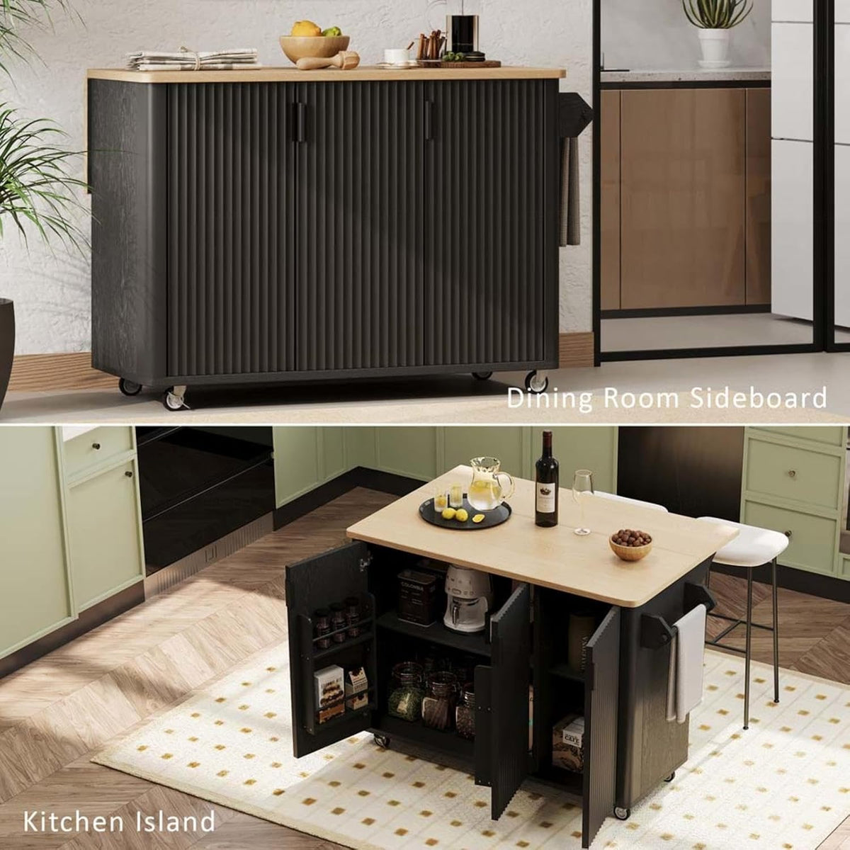 Kitchen Island with Drop Leaf with Drop Leaf Countertop with Storage and Dining Table, Kitchen Islands with Storage with Wheels Towel Rack， for Kitchen, Dining Room, Black