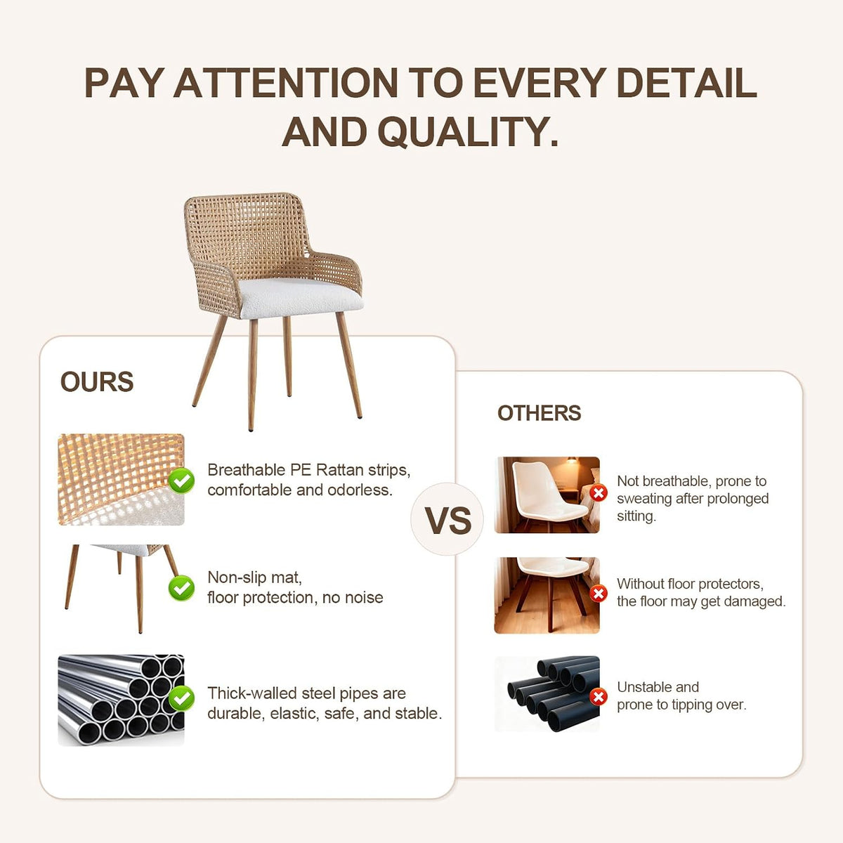 Rattan Dining Chairs Set of 2, Modern Upholstered Boucle Fabric Dining Chairs,Kitchen Room Chairs with Solid Metal Legs and Rattan Back,Brown