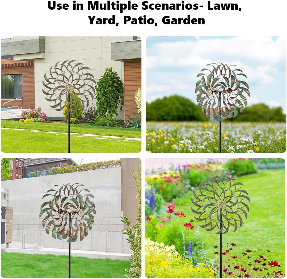 Viveta Large Outdoor Wind Spinner,21 * 85 inches Metal Wind Sculpture with 4 Sturdy Stakes,Green Double Wind Spinners,Decorative Windmill for Yard and Garden