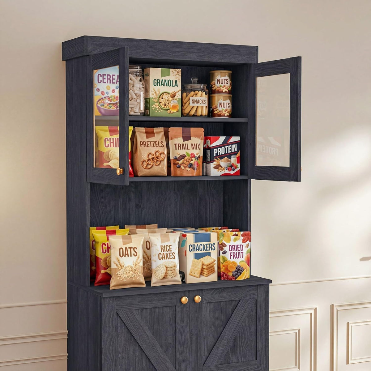 71" Black Farmhouse Kitchen Pantry Cabinet Set of 3— Freestanding Coffee Bar with Glass Doors or Drawers, Microwave Stand, Large Storage Hutch with Adjustable Shelves for Living Room and Kitchen