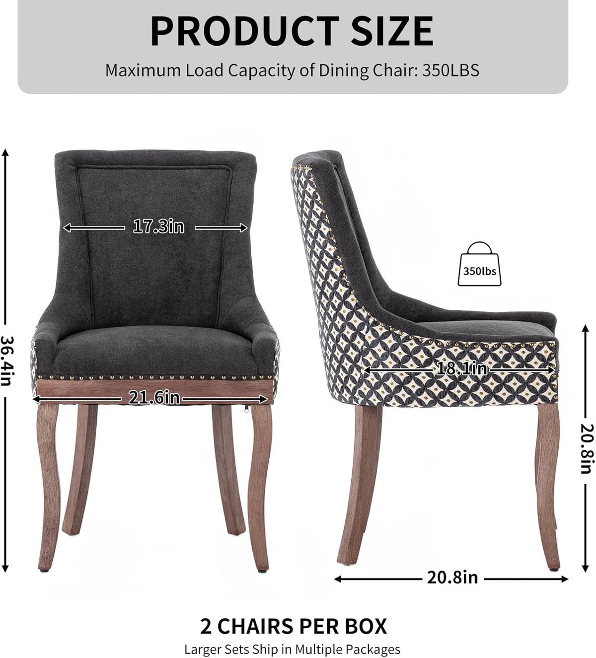 Modern Dining Chairs Set of 6, Fabric Upholstered High Back Chairs with Nailhead Trim and Curved Solid Wood Legs, Sillas de Comedor Accent Chairs for Dining Room, Black & Patterned