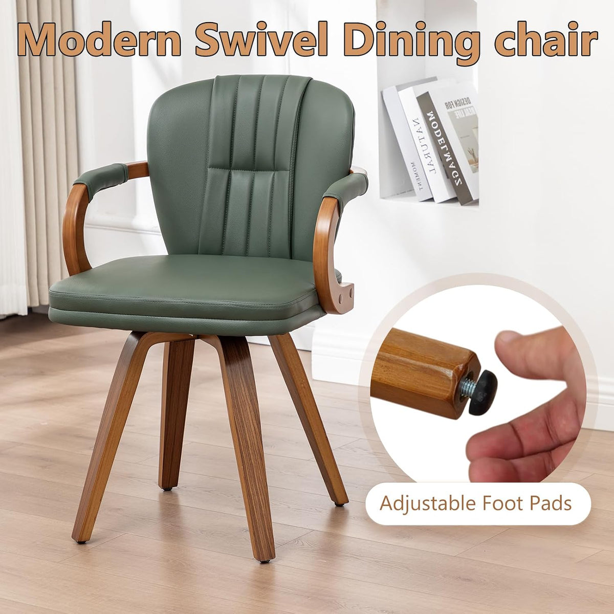 Swivel Dining Chairs Set of 4 Mid Century Modern Green Faux Leather Upholstered Kitchen Chairs with Bentwood Frame Armrests Side Chairs,Comfortable Ergonomic Wood Accent Chair No Wheels