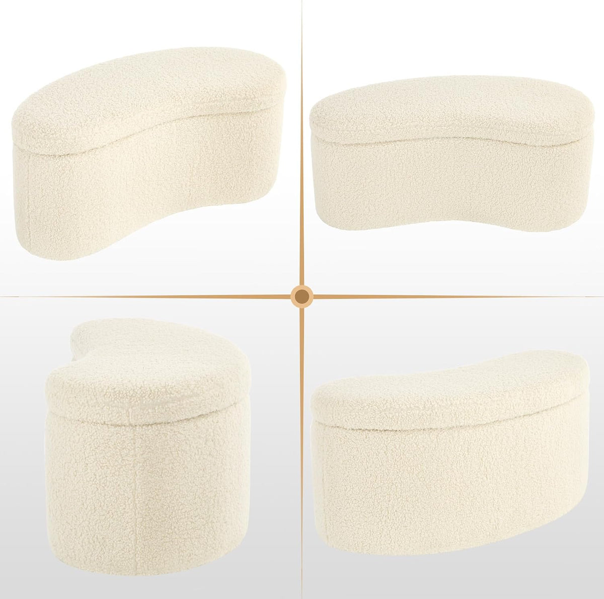 Zesthouse Storage Bench for Bedroom End of Bed, 39.4" Small Curved Entryway Ottoman Bench, White Sherpa Fabric Bench Seat for Living Room Hall Mudroom, Modern Upholstered Coffee Table Crescent Shape